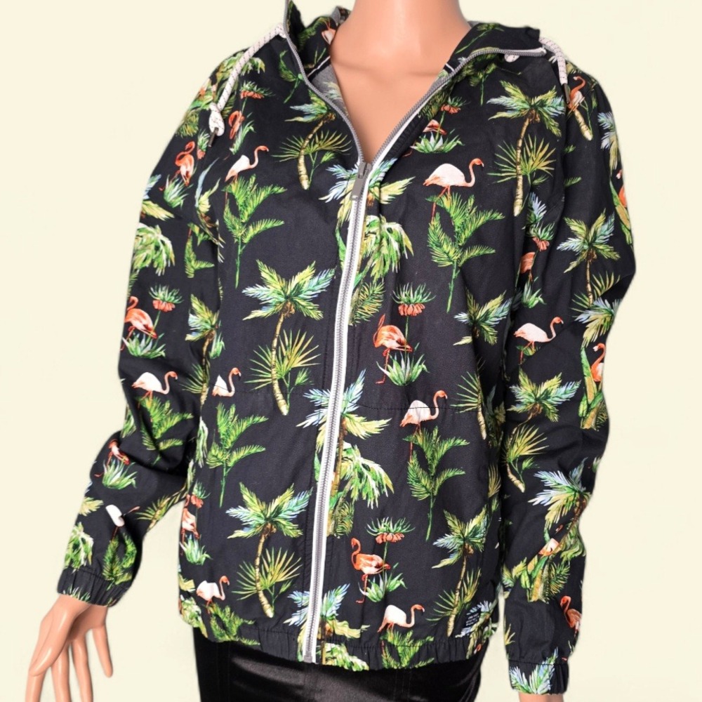 Denim &‎ Flower Singh Flamingo Palm Tree Tropical Windbreaker Jacket S Unisex